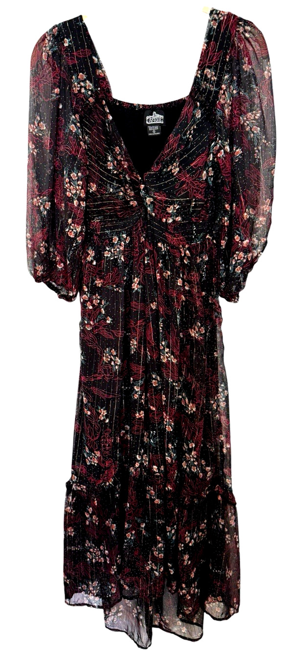Angie Womens Sz S Black Floral Boho Midi Dress Puff Sleeve Cottage Festival